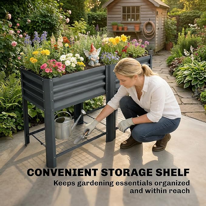 Outsunny Galvanized Steel Raised Garden Bed with Storage Shelf and Bed Liner, Elevated Planter Box with Legs for Flowers, Vegetables, and Herbs, for Outdoor Patio Yard, Glove Included, Dark Gray