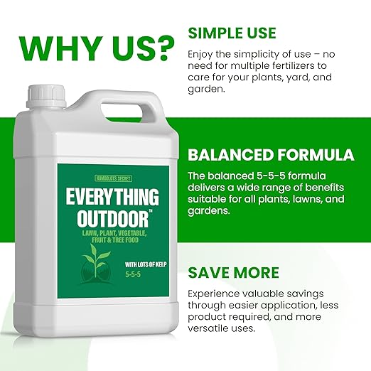 Humboldts Secret Everything Outdoor Plant Food | 5-5-5 Liquid Fertilizer with Norwegian Kelp | All Purpose Lawn, Vegetable & Fruit Food | Garden Nutrients | Refillable Hose End Bottle | 1 Gallon