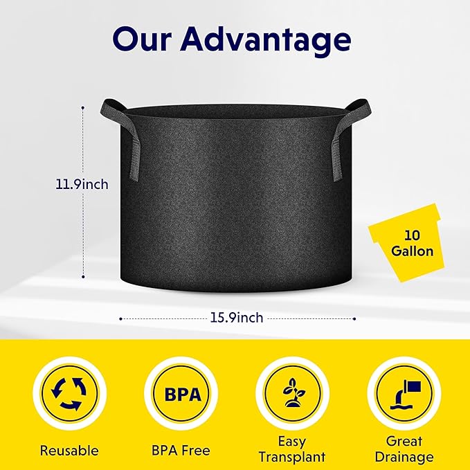 iPower 5-Pack 10 Gallon Grow Bags Heavy Duty Thickened Aeration Nonwoven Fabric Pots with Nylon Handles and 5 Labels for Planting Vegetables, Fruits, Flowers, Black