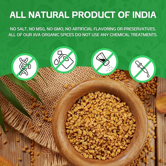 Jiva Organic Fenugreek Seeds 7 Ounce – Non-GMO, Gluten Free, All Natural Fenugreek Spice – Organic Fenugreek Seeds for Hair Growth, Cooking & Sprouting - Methi Seeds for Methi Dana Water - Raw & Natural, Product of India