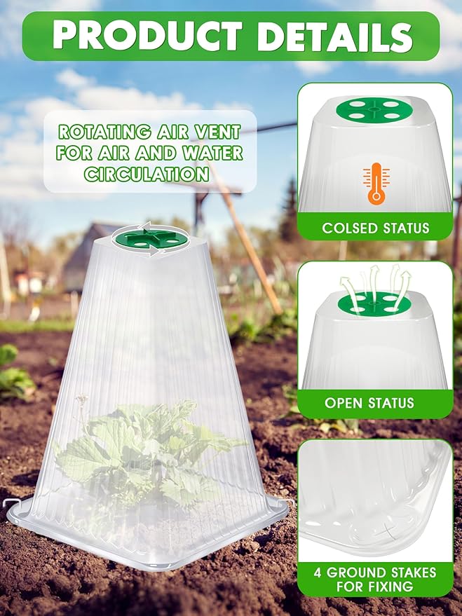 20 Pack Garden Cloches for Plants,9.4" H X 7.8" D Reusable Bell Plant Protector with 40 Ground Stakes and Rotary Vent Cover,Plant Covers Freeze Protection from Animals Snails Birds Chickens (White)