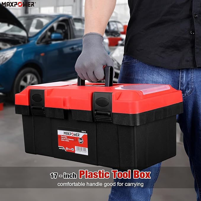 MAXPOWER 17 inch Tool Box, Small Plastic Toolbox with Handle, Removable Tray and Lockable Latches