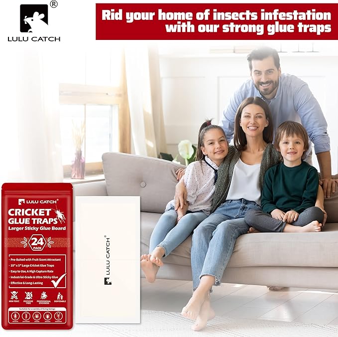LULUCATCH Cricket & Insect Glue Traps 24 Pack, Adhesive Bug Catcher, Pre-Baited Spider Scorpion Trap, Non-Toxic Glue Boards Indoor for Home Catching Bugs, Mice & Rodents, Pet Safe Pest Control