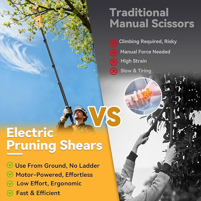 2-in-1 Pole Pruning Shears, 1.6" Cutting Diameter Cordless Electric Pole Pruners - Brushless Motor, 2x4.0Ah Batteries, Extra SK5 Blade, 4 Modes Adjustable Branch Cutter for Garden & Flower (Yellow)