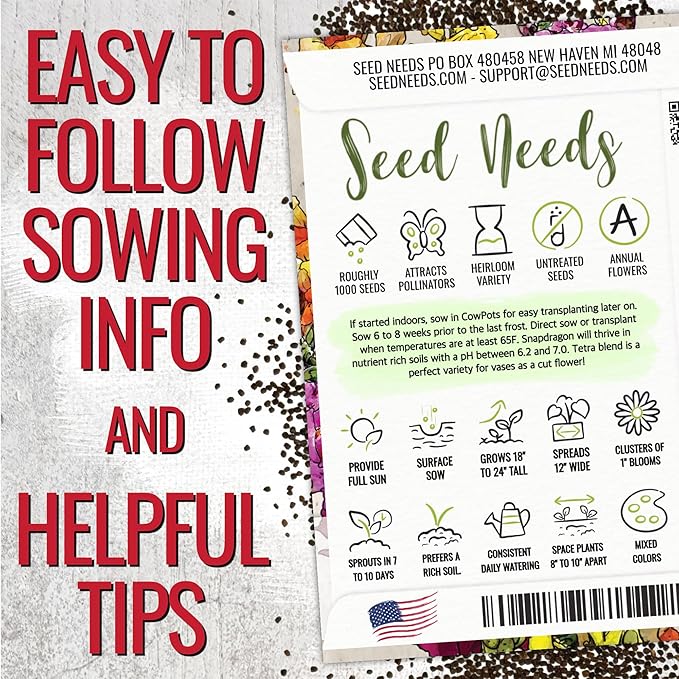 Seed Needs, Mixed Tetra Snapdragon Seeds - 1,000 Heirloom Seeds for Planting Antirrhinum majus - Annual Flowers to Attract Butterflies, Bumblebees, Honeybees & Other Pollinators (5 Packs)