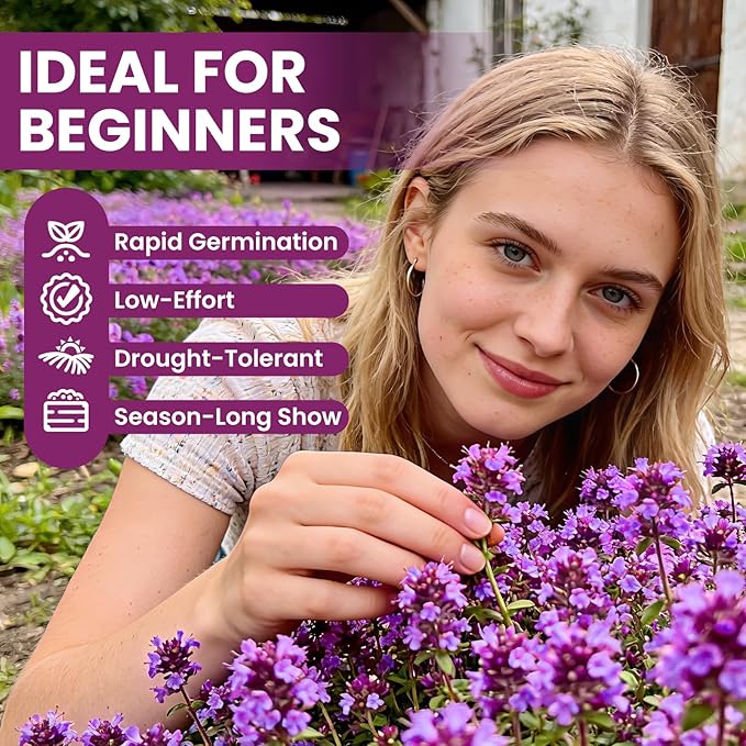 20000+pcs Purple Creeping Thyme Seed for Planting, Non-GMO Heirloom Perennial Ground Cover Flowers Seeds, Lawn Alternative, Fragrant Herb Seeds for Lawns & Paths Garden Backyard