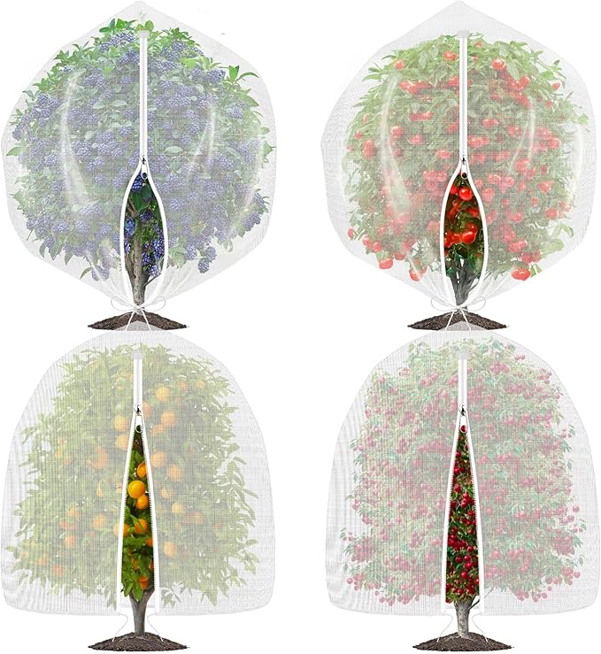 OZMI 4 Pack Fruit Tree Blueberry Bush Netting Cover, 2.3Ft x 3.4Ft Reusable Bird Netting for Garden Protection with Zipper & Drawstring, Shrubs Tomato Strawberry Plant Bushes Protector