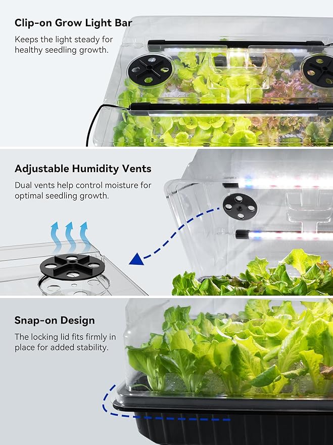 GLOWRIUM Seed Starter Tray with Grow Lights, 54-Cell Seed Starter Kit with 4.3" Humidity Dome, Indoor Seedling Starter Tray with 3/9/12/16h Timer, Adjustable Brightness Seed Starting Trays (2 Pack)