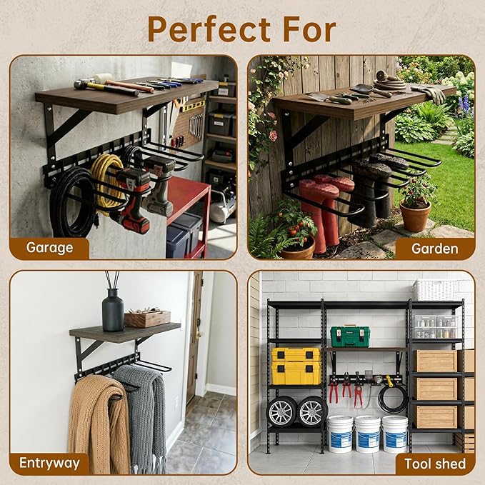 Decoroca Wall Mount Boot Rack, Garden Tool Organizer With 5 Curved Hooks & Wood Shelf, Heavy Duty Wader Boot Hangers Organizer Rack Trays for Outdoor/Indoor, Garden, Garage (2 Pack)