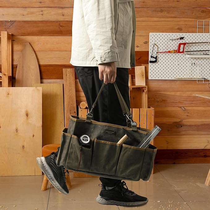 Waxed Canvas Tool Pouch,Garden Tool Bag Organizer with 8 External Pockets & Removable Handle, 15 X 9.8 X 7.8 inch Muti-Purpose Tool Bag with Adjustable Shoulder Strap | ArmyGreen
