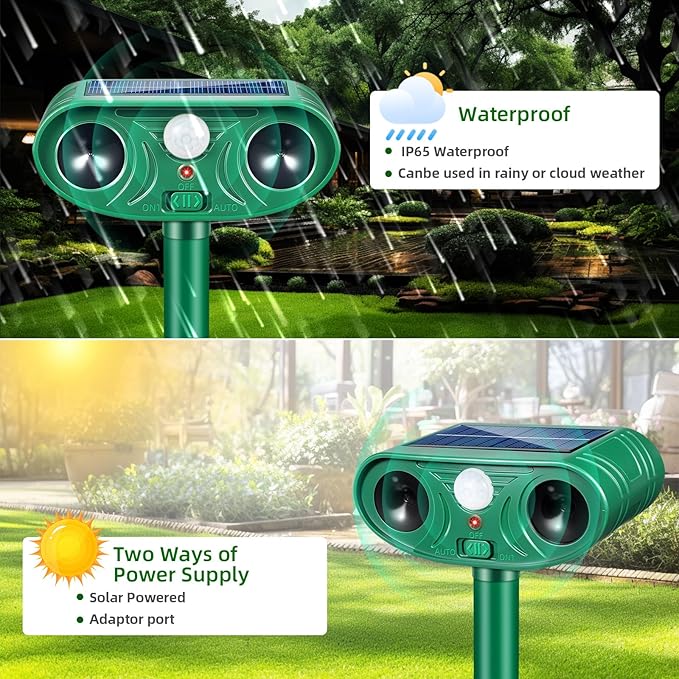 2026 Upgraded Solar Ultrasonic Animal Repellent Deer Repellent Devices Cat Deterrent Outdoor with Motion Sensor Animal Dog Deterrent Keep Raccoon Squirrel Rabbit Away from Yard Lawn Garden 4 Pack