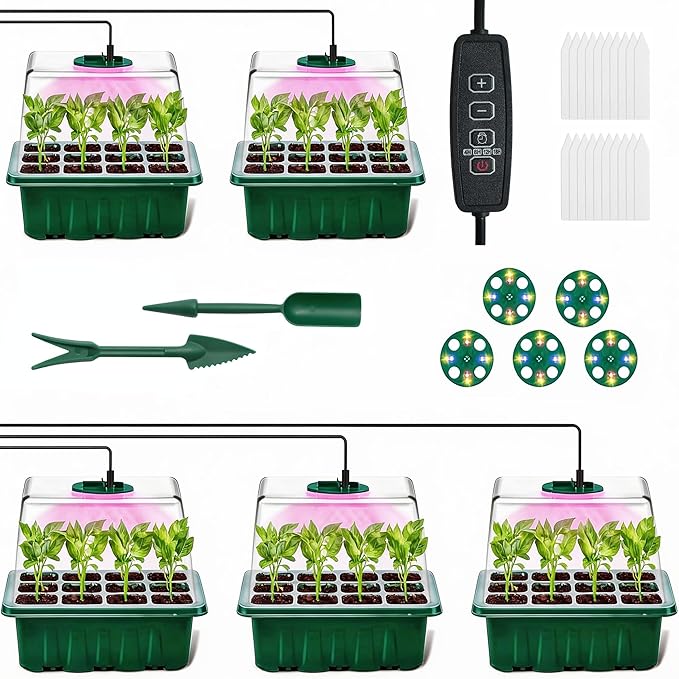Seed Starter Tray with Grow Light (5 Pack), 60 Cells Seedling Kits with Timer & Dimmable 8-LED Plant Lights, Vented Humidity Domes for Indoor Germination