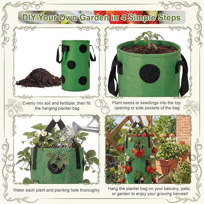 12-Pack Upside Down Grow Bags for Strawberries, Tomatoes & Vegetables - 3 Gallon Hanging Planters with 12 Planting Holes, Dark Green Breathable Fabric Garden Bags for Outdoor Herbs & Fruits