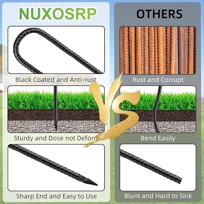 Rebar U Stakes 12 Inch - 12 Pack Black Galvanized Steel Heavy Duty Ground Anchors for Trampoline,Tent,Tarp,Soccer Goal,Garden Stake & Yard Art