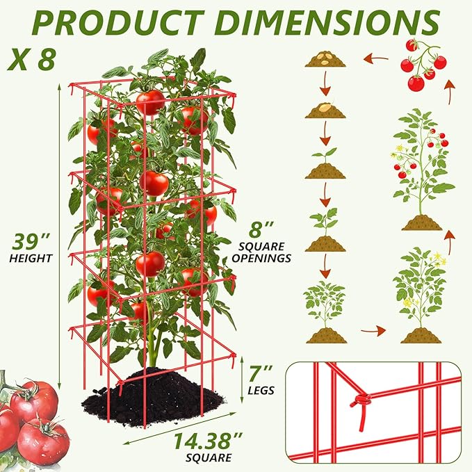 8 Pack Tomato Cages 39 Inch (H) Heavy Duty Square Tomato Cages Powder Coated Steel Plants Support Garden Trellis Stakes for Cucumber, Peas, Vegetables Climbing Plants