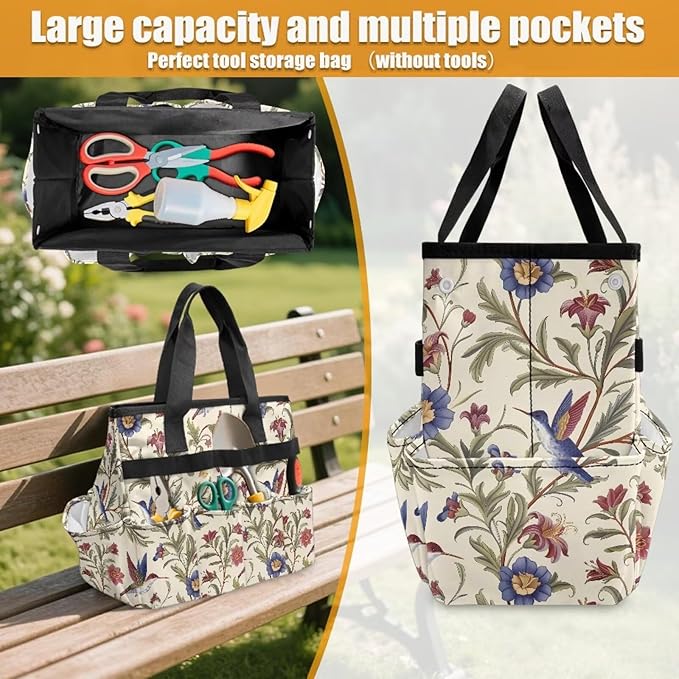 Hummingbird Flower Garden Tool Bag Portable Gardening Tool Organizer Bag with 10 Pockets and Handle Tool Carrier and Storage for Garden Lawn Yard Casual Camp