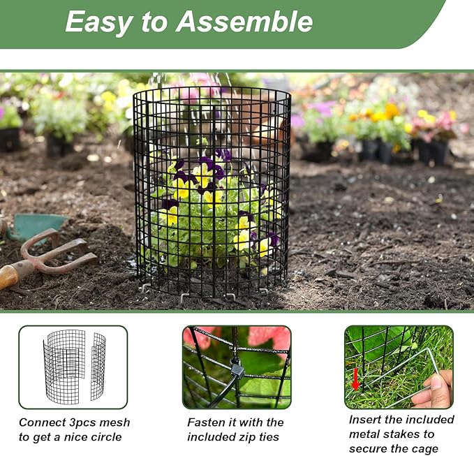 6 Pack Plant Protector from Animals, 13.5" Dia x 14" H Wire Plant Protectors, 18pcs Pre-Bent Metal Mesh to Keep Animals Out with Zip Ties & Stakes (6 Packs)