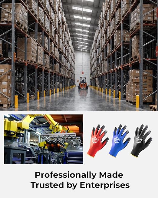 OKIAAS Men's Lightweight Construction Gloves with Grip, 12 Pairs, Red, Small