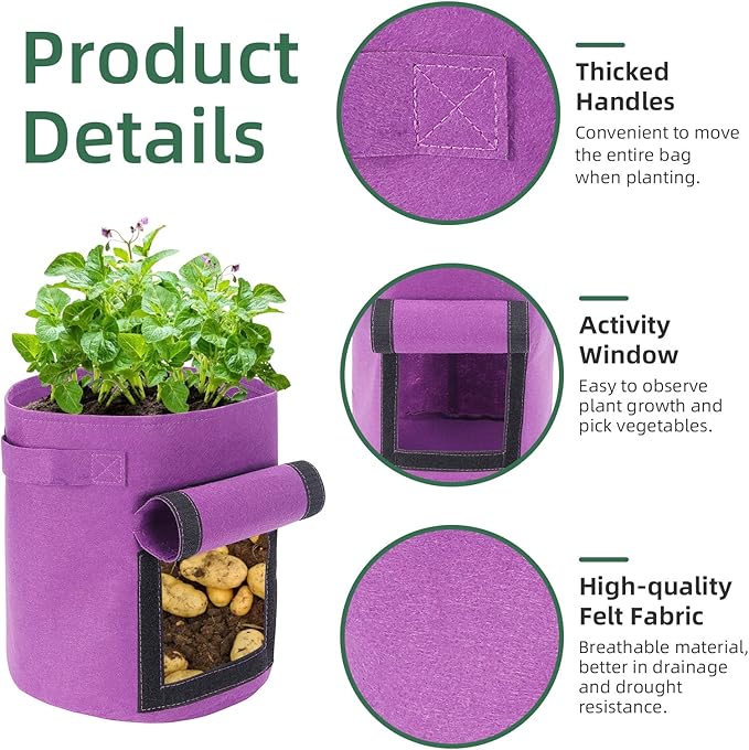 6 Pack 7 Gallon Potato Grow Bags With Flap and Handle, Garden Planting Bag, Nonwoven Fabric Vegetables Growing Bags for Tomato Carrot Onion