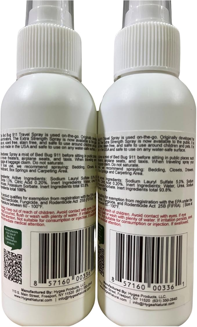 Hygea Natural Extra Strength Bed Bug Killer & Mite Travel Spray - TSA Approved Size - Child & Pet Friendly - Stain & Odor Free - for Hotel, Suitcase, Backpack, Shoes - 66% Stronger Formula(2pk, 3 oz)
