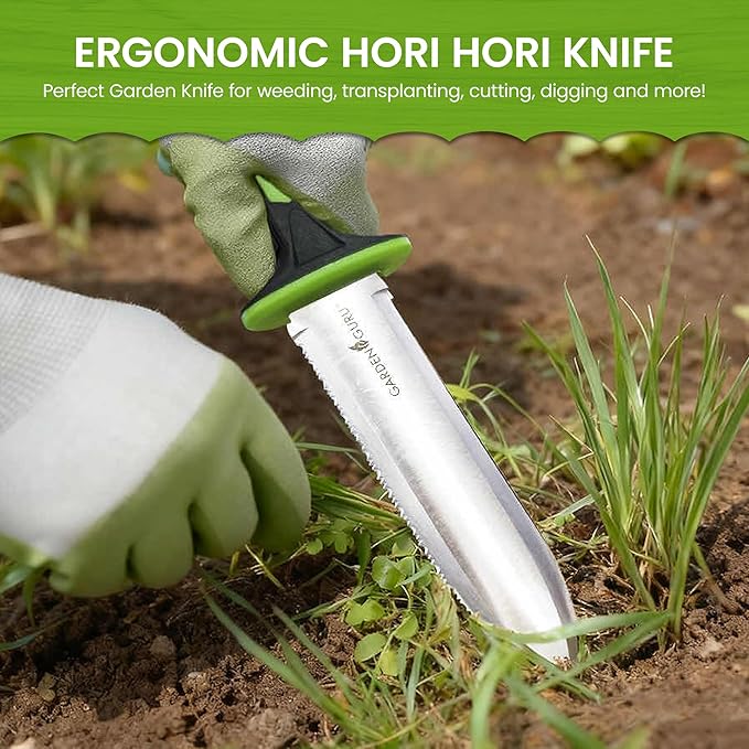 Garden Guru Hori Hori Garden Knife with Ergonomic Handle for Weeding, Digging, Pruning & Cultivating, Stainless Steel Blade with Serrated Edge & Depth Markings for Measuring Planting Depth (4 Pack)