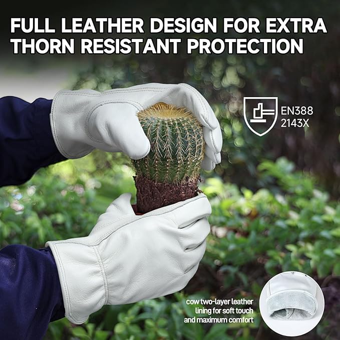 OZERO Gardening Work Gloves Men,24 Pairs Insulated Heavy Duty Cut Resistant Thorn Proof Leather Cowhide Mens Women Mechanic Garden Gloves for Driving Welding-Light Cyan Large