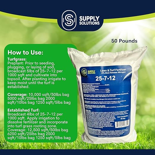 Supply Solutions 25-7-12 Lawn and Turf Fertilizer - 15% Slow Release Nitrogen Lawn Fertilizer for All Grass Types, Shrubs - Turf Builder Plant Food Covers 12,500 sq.ft (50lbs)
