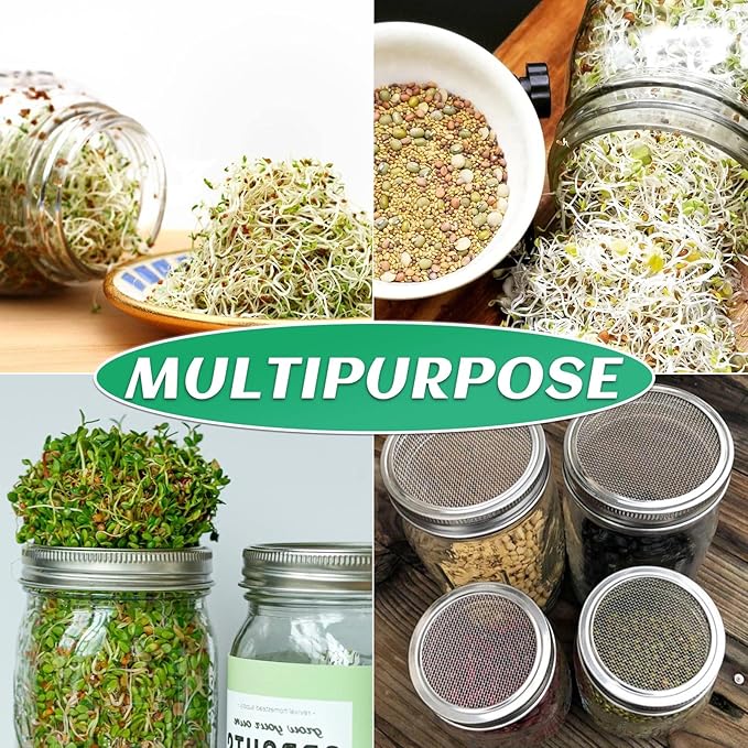 Kikerike Seed Sprouting Jar Kit with 4 Wide Mouth Mason Jars Bean Sprouts Growing Kit Microgreens Growing Jar with Mesh Screen Lids Sprouter Sprouts Maker for Growing Broccoli, Alfalfa, Mung Bean