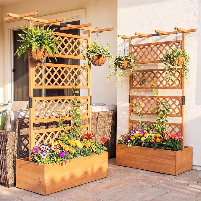 Giantex Raised Garden Bed with Trellis 2 Pack, 72'' Wooden Planter Box Outdoor w/Privacy Screen Roof, Large Vertical Garden Planter w/Drainage Holes for Climbing Plants, Patio Balcony Backyard