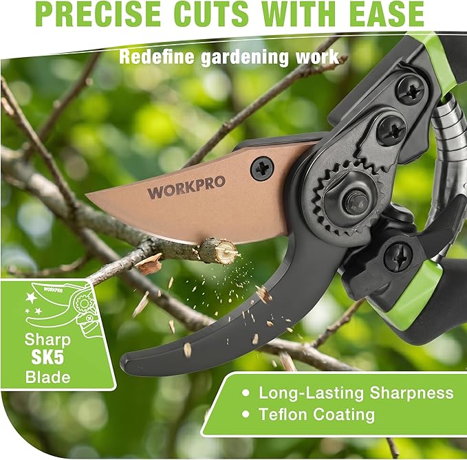 WORKPRO 8.5" Bypass Pruning Shears, Professional Garden Shears with Sharp SK5 Blade, Garden Clippers, Hand Pruner for Branches, Flowers, Fruits, Plants, Bonsai, Effortlessly Prunes 3/4" Branches