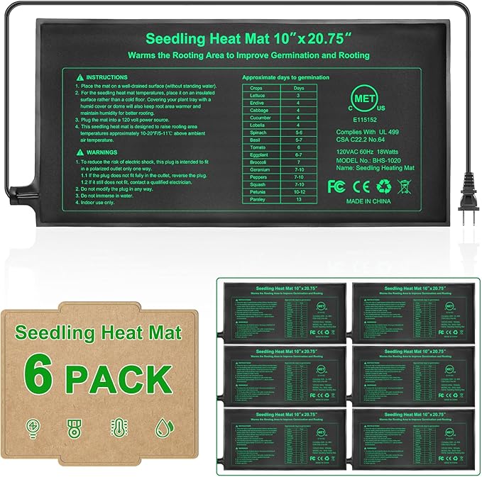 Seedling Heat Mat 6 Pack Dual Certified by MET and UL Plant Heating Mat Pad with Power Failure Protection Thermostatic Waterproof Suitable for Seedlings