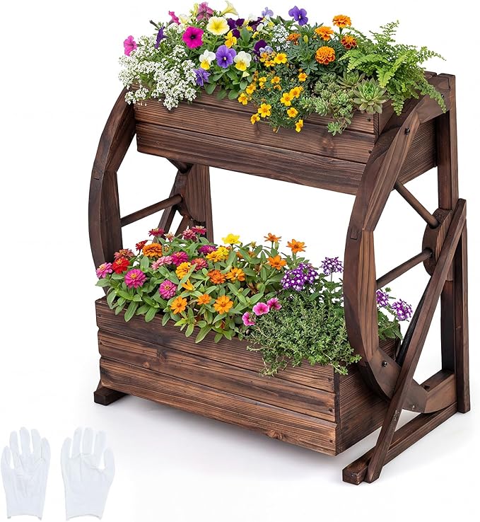 Giantex Wooden Wagon Planter Box, 2 Tier Raised Garden Bed with Drainage Holes, Rustic Wood Planter for Flowers Herbs Vegetables, Indoor Outdoor Patio Garden Balcony