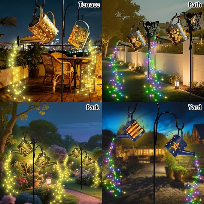 DDQ 2PC Solar Watering Can Lights with Angel Shepherd Hook, Color 58 LED IP65 Waterproof Metal Garden Decor, Auto On/Off for Patio Backyard for 4th of July Decor