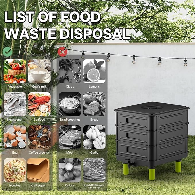 3-Layer Worm Composter, 50L(13.21Gal) Worm Compost Bin for Indoor & Outdoor, Worm Farm Starter Kits for Vermicomposting Starter, Garden Composting Bin for Recycling Food Waste (Black)