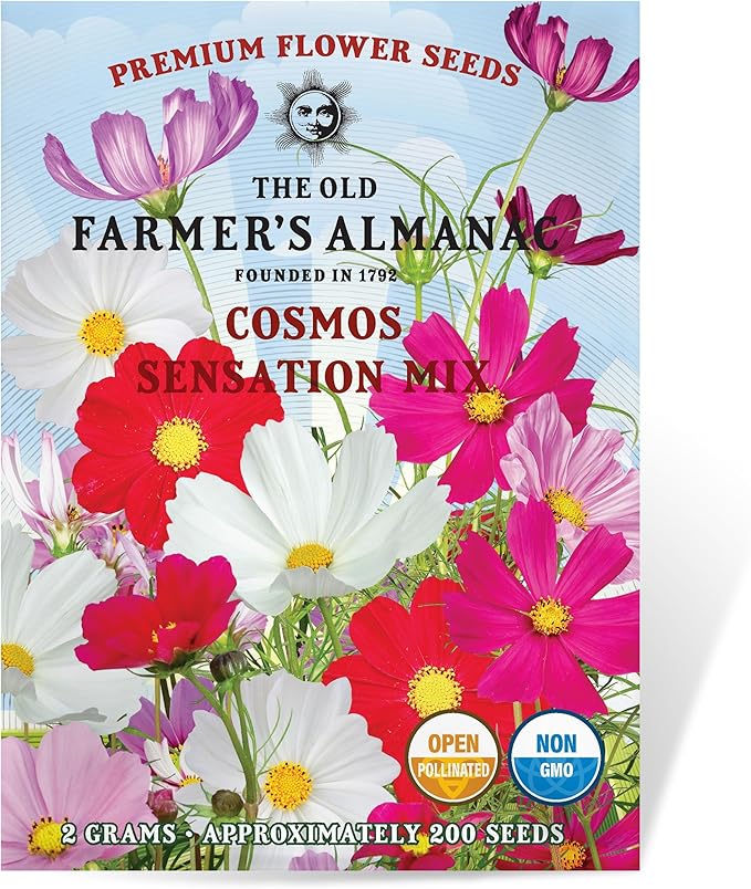 The Old Farmer's Almanac Cosmos Sensation Mix Flower Seeds - Premium Non-GMO, Open Pollinated, 1 Packet, 2 Grams, Approx 200 Seeds