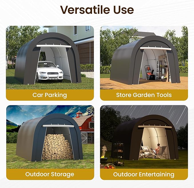 Kiss the Water Domed Carport with 4 Cloth Bags, Portable Garage with 2 Roll-up Doors, Heavy Duty Car Canopy Party Tent, All-Season Storage Shelter Shed for Cars, Truck, or Garden Tools, 10' x 15'