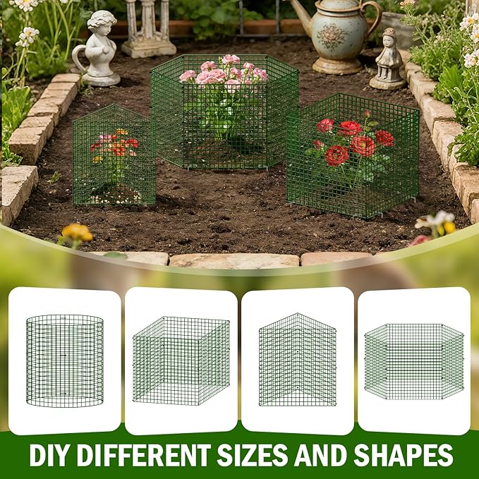 Uyittour 10 Pack Plant Protectors from Animals, 12" x 12" Round Metal Wire Garden Plant Cages to Keep Animals Out, Rabbit Proof Protection for Vegetables & Flowers with Stakes, Zip Ties & Gloves