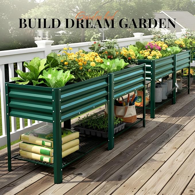KING BIRD Large Raised Garden Bed with Legs & Storage Shelf Galvanized Elevated Planter Box for Backyard, Patio, Balcony, 600lb Capacity, Green 70.9x22.8x31.5 in