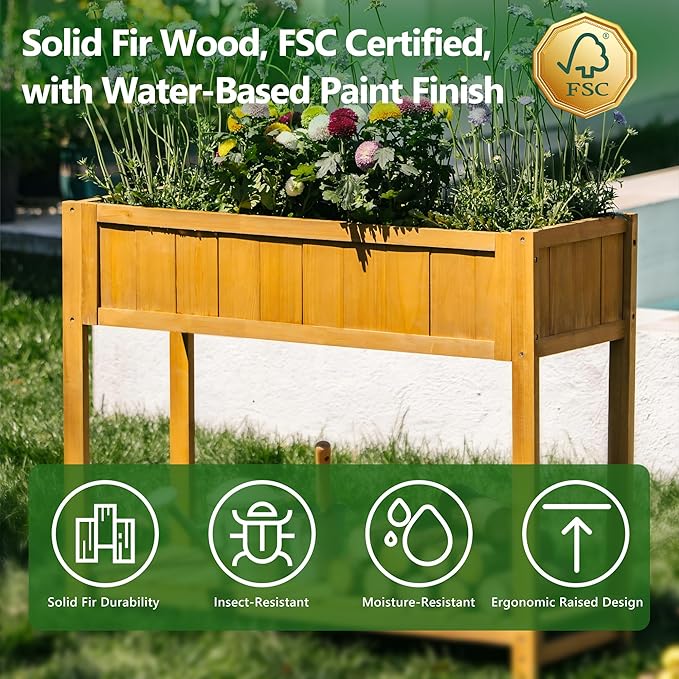 Premium Fir Wooden Raised Garden Bed with Four Legs for Backyard and Balcony Gardening,Suitable for Indoor and Outdoor use,Bottom with Storage Rack,35.04''×13''×29.92''