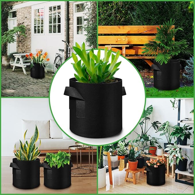 5 Pack 10 Gallon Grow Bags, Heavy Duty Thickened Nonwoven Fabric Pots with Handles, Planter Grow Bags for Vegetables/Flower/Plant/Fruits, Black