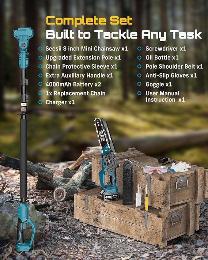 SEESII 2 in 1 Cordless 8 inch Pole Saw & Mini Chainsaw with 2 Battery, Power Electric Polesaw for Tree Trimming, Chain Saw with Extension Pole, Limb Branch Cutter Pruner P8 Ace