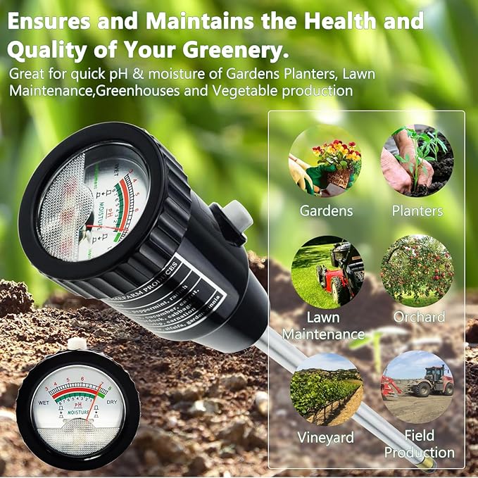 2 in 1 Soil PH Meter Soil Moisture Sensor Meter Soil PH Tester Soil Test Kit Gardening Tool for Indoor Outdoor Plant Garden Lawn Farm Waterproof Metal Electrode 295mm Long