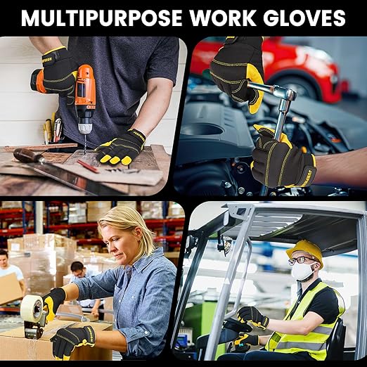 JUMPHIGH Mens Work Gloves, Synthetic Leather Mechanic Gloves, Utility, Touchscreen, Multipurpose, Construction, Warehouse, Truck Driving (L)