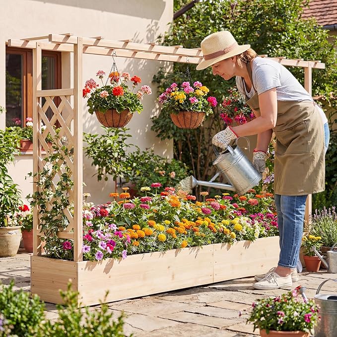 Giantex Wooden Raised Garden Bed with Trellis & Hanging Roof, Fir Wood Planter Box, 45” Freestanding Elevated Garden Bed for Outdoor Climbing Plants Vegetables Flowers, Patio & Balcony, Natural