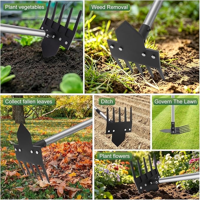 2-in-1 Hoe Garden Tools, 17-58" Weed Puller Tool with Long Handle, Heavy Duty Handle Garden Hoe and Weed Rake, Hoes for Gardening Yards Lawns Gardens Weeding