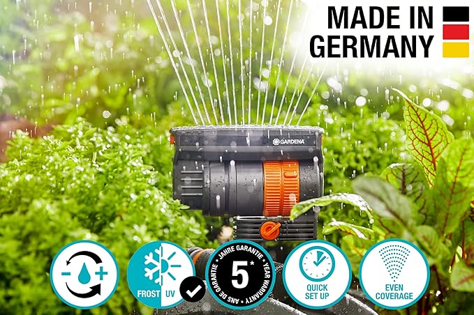 Gardena (69-84BZMX) ZoomMaxx Adjustable Sprinkler with Built in Timer Weighted Base for Precise Watering up to 2,300 Sq Ft, Compatible with Any Hose Brand, Made in Germany 5 Year Warranty