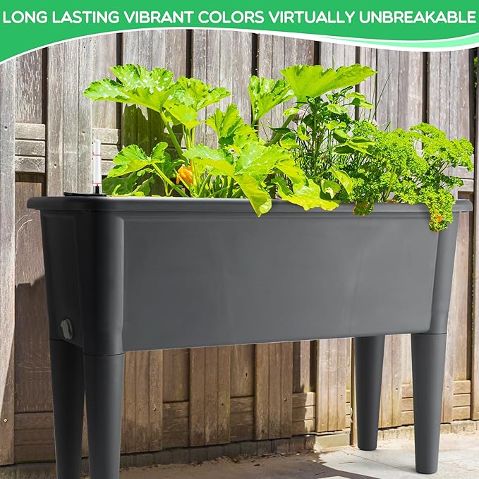 Yungyan 2 Pcs Self Watering Raised Garden Bed with Water Level Indicator, 13.2 Gallon Elevated Plastic Planter Box for Vegetables, Herbs, Flowers, Outdoor, Indoor(Gray,2 Pcs)