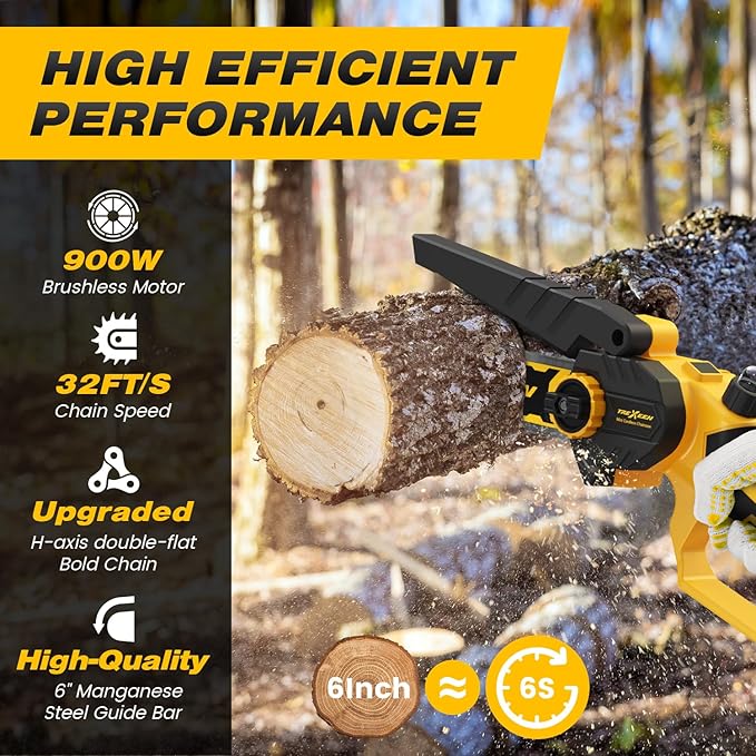 Mini Chainsaw, 6-Inch Electric Chainsaw Cordless, Upgraded 900W Brushless Portable Handheld Small Chain Saw with Auto Chain Regulator & Auto Oiler for Wood Cutting/TreeTrimming/Courtyard Garden