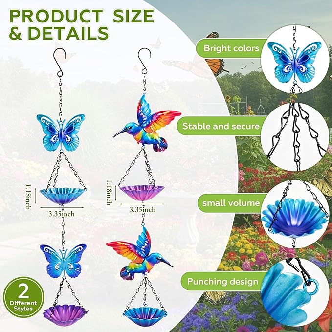 Tandefio 2 Pack Hanging Bee Watering Station, Butterfly Feeder, Flower Shaped Bowl Bee Metal Cups for Outdoor Garden Yard Decor, Pollinator Feeding Station 19.6 Inch (Butterfly & Hummingbird Style)