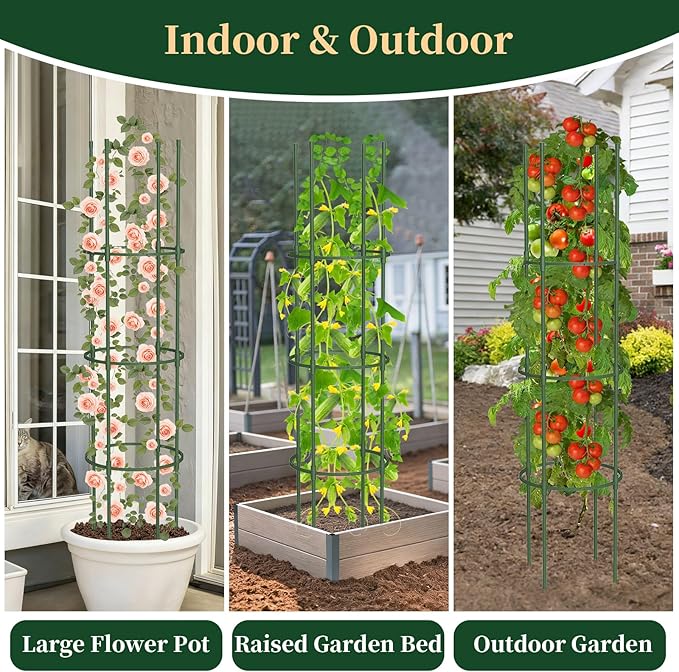 4 Pack Tomato Cages for Garden, 49" Tall Adjustable Heavy Duty Rust Resistant Tomato Trellis, with Upgraded Coupler for Raised Beds & Pots, Plant Stakes and Supports for Climbing Vegetables, Flowers